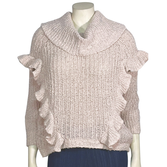 Express Sz S Chunky Knit Pullover Sweater Cowl Neck Ruffles on Front Light Pink - Picture 1 of 10
